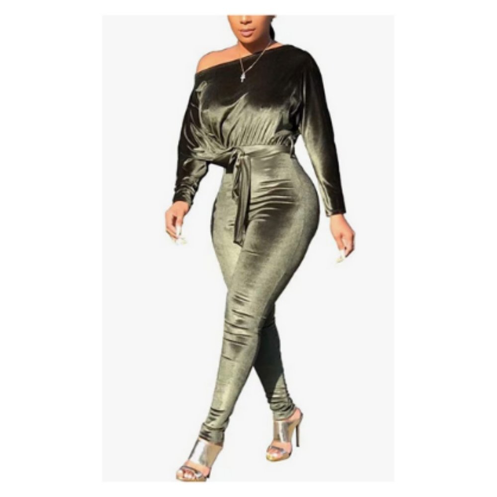 Women Velvet Off Shoulder Jumpsuit Long Sleeve Bodycon Pants Suit (Size: Large)